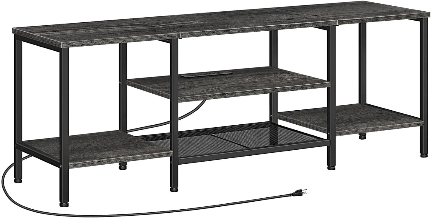 TV Stand with Power Outlets to 75 Inches, TV Console Table with Open Storage Shelves Cabinet, Industrial Media Entertainment Center for Living Room Bedroom, Rustic Brown and Black BF60DS01