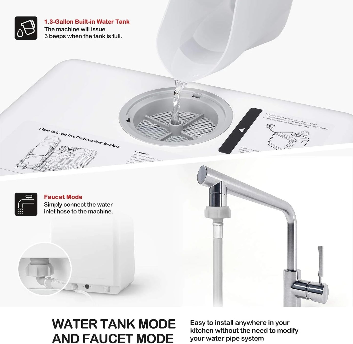 Portable Countertop Dishwashers, Compact Dishwashers with 5 L Built-in Water Tank & Inlet Hose, 5 Washing Programs, Baby Care, Air-Dry Function and LED Light for Small Apartments