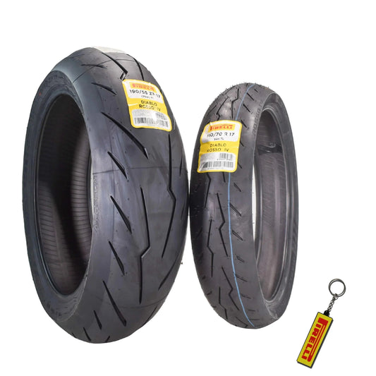 Pirelli Diablo Rosso IV Motorcycle Tires Set Front 110/70ZR17 & Rear 190/55ZR17 with Bonus Keychain